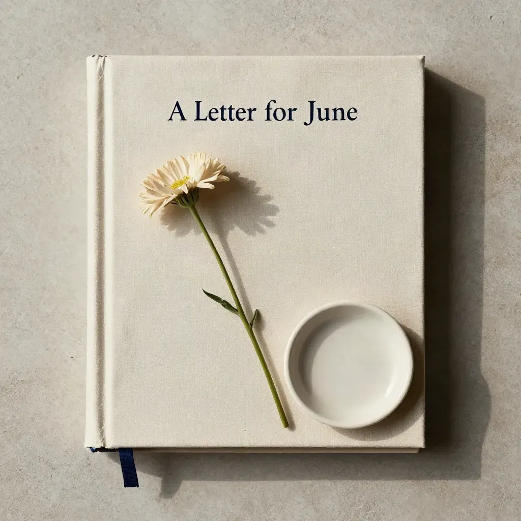 Overhead flatlay of a pale paperback in folded cotton with a pressed stem and ceramic dish.