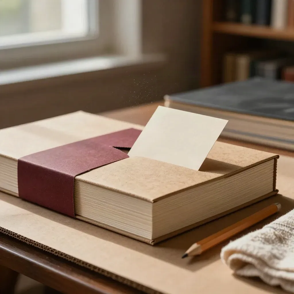 Macro of unbranded paperbacks and card slips sliding into a kraft sleeve with burgundy band.