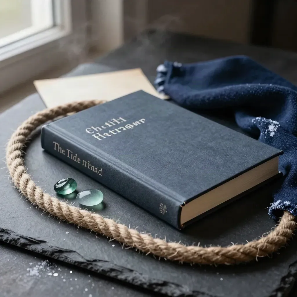 The Tide Thread paperback on slate with frayed rope, sea glass and wool cloth in misty light