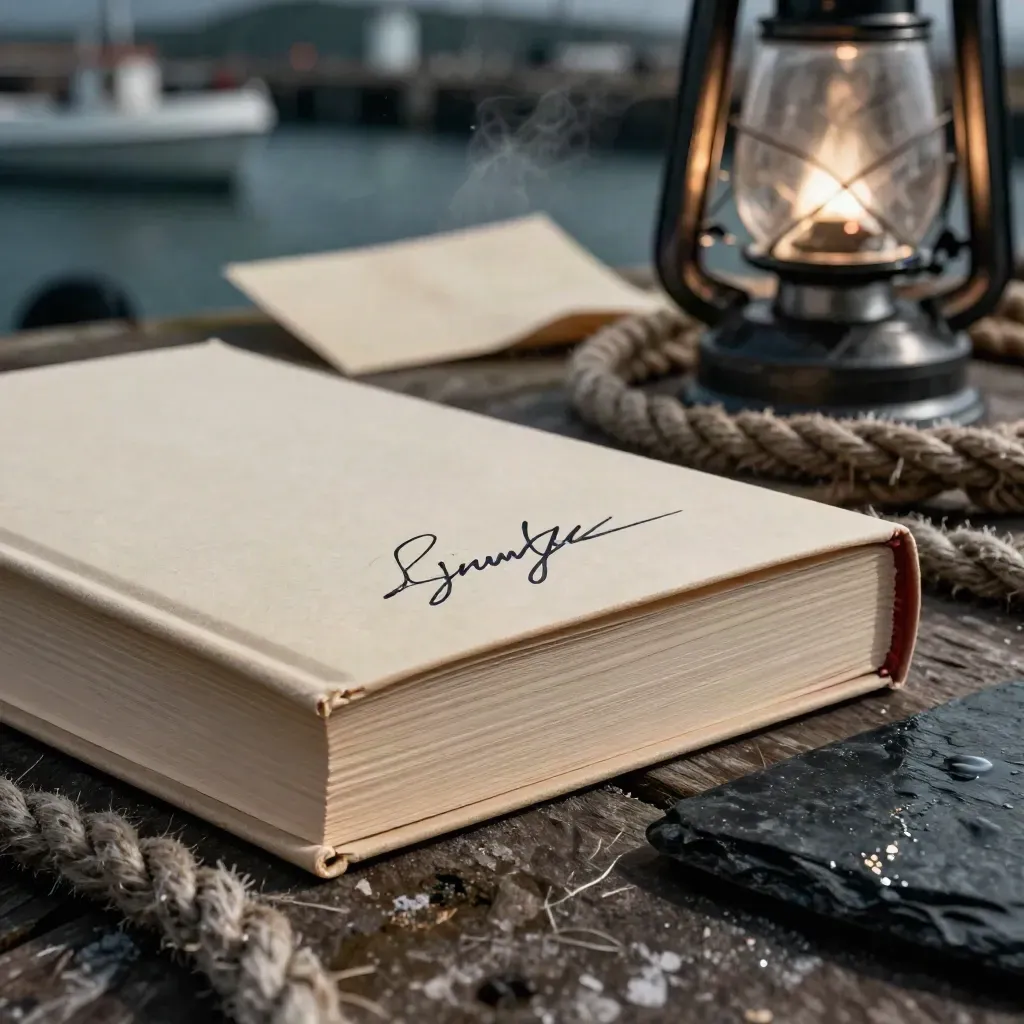 Harbour paperback, lantern glass, rope and slate in dramatic sea-lit studio light.