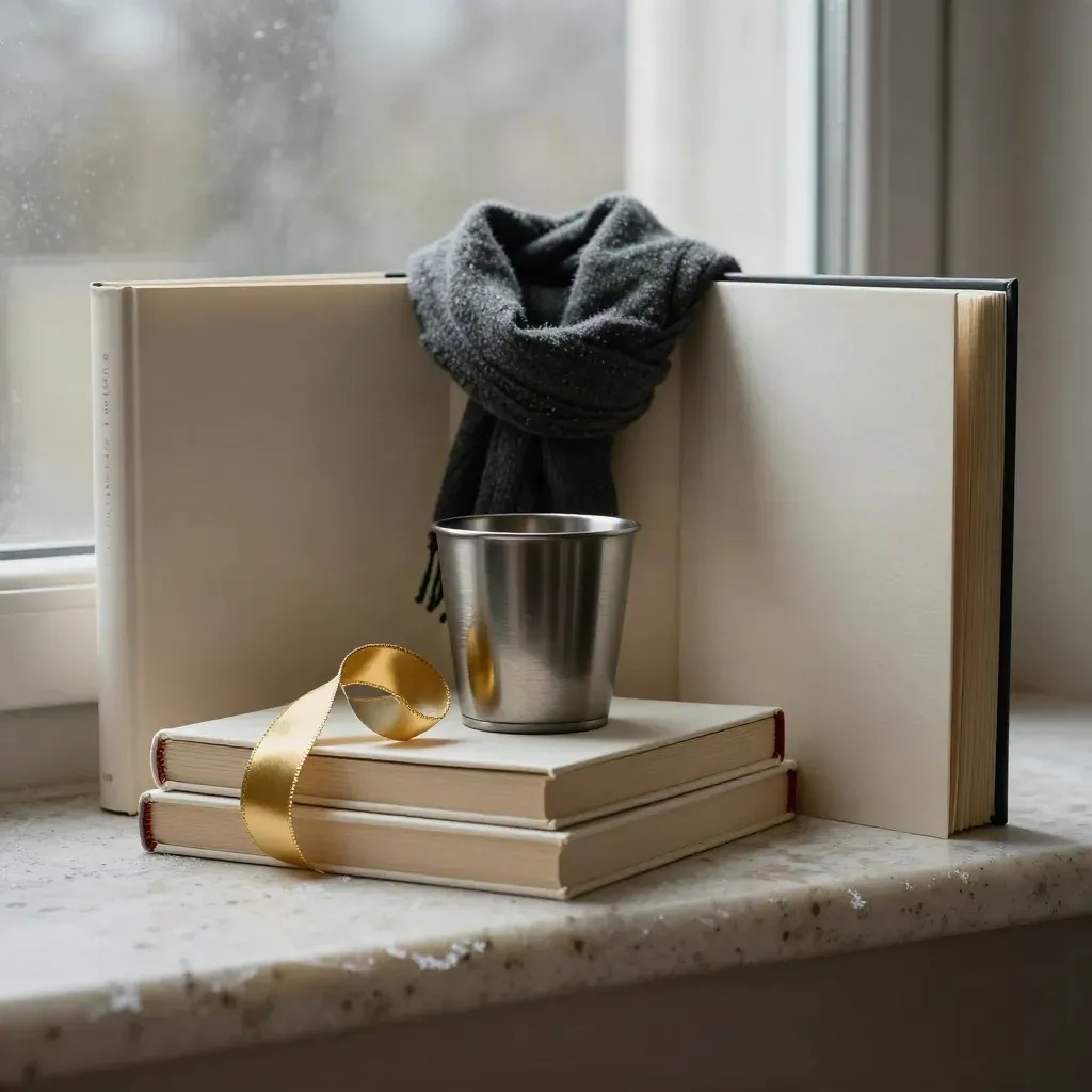 Three paperback novels with scarf, ribbon and metal cup on travertine in misty window light.