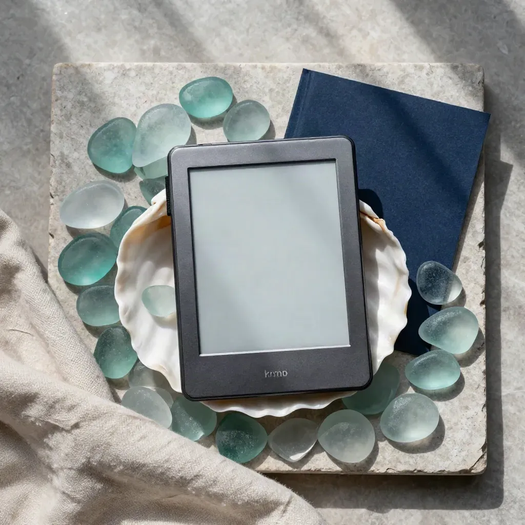 Overhead flatlay of an e-reader, sea glass, shell, and linen on stone