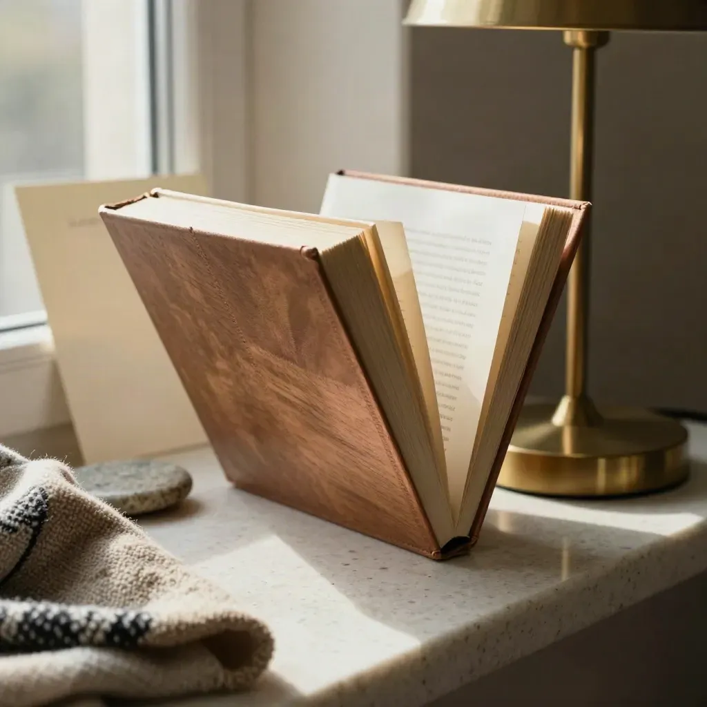 Paperback leaning open by a brass lamp, with blanket and coaster in a warm reading nook