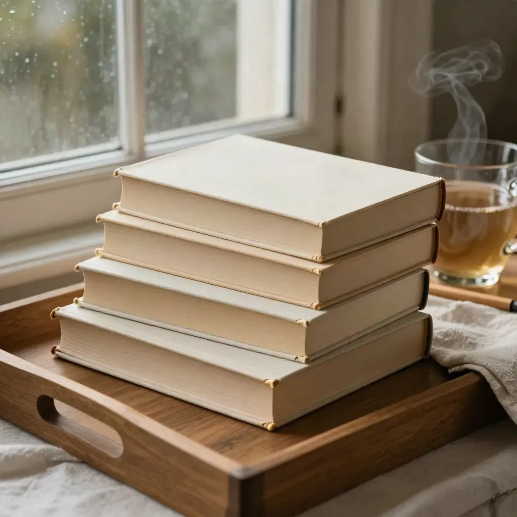 Three paperback novels with a mug, linen napkin and pencil in a cozy reading-night setup.