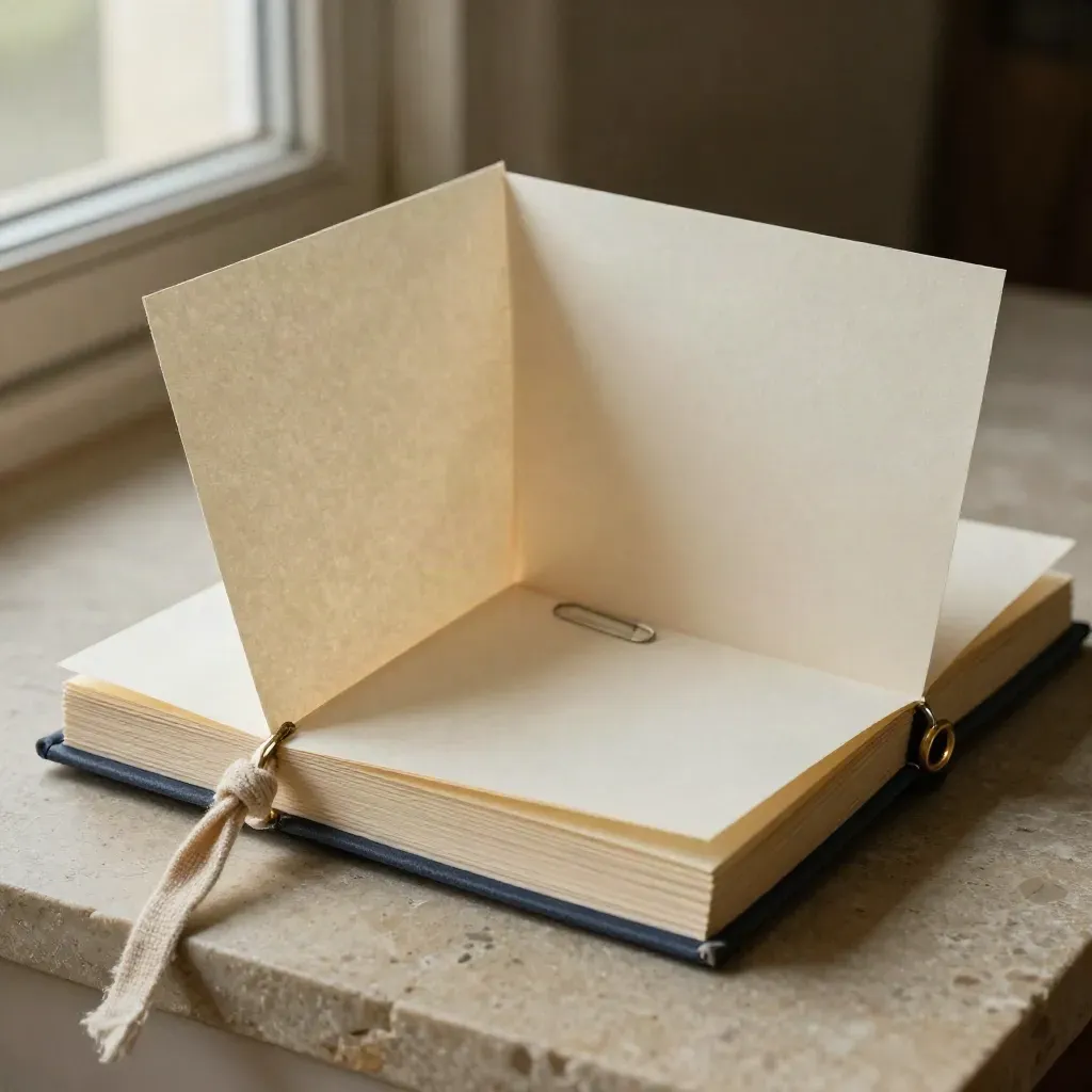 Cream reading map booklet with linen tie, brass ring and paperclip, half-open on paper-dusted stone.