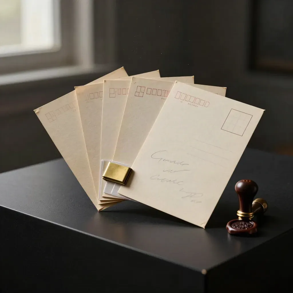 Five signed postcards clipped in a sleeve with ribbon and wax seal on a dark studio plinth.