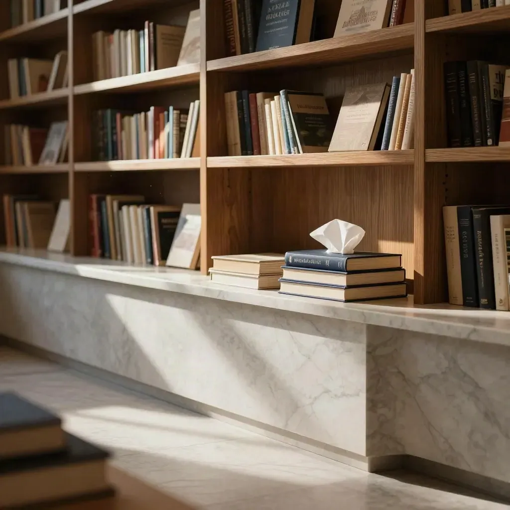 Quiet bookshop corner with sunlit shelves, marble counter, and stacked signed-copy books
