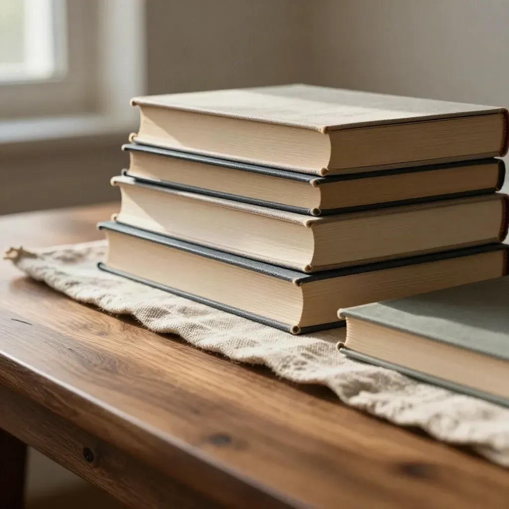 Sunlit walnut tabletop with stacked books and linen runner, warm dust, pale wall, copy space below