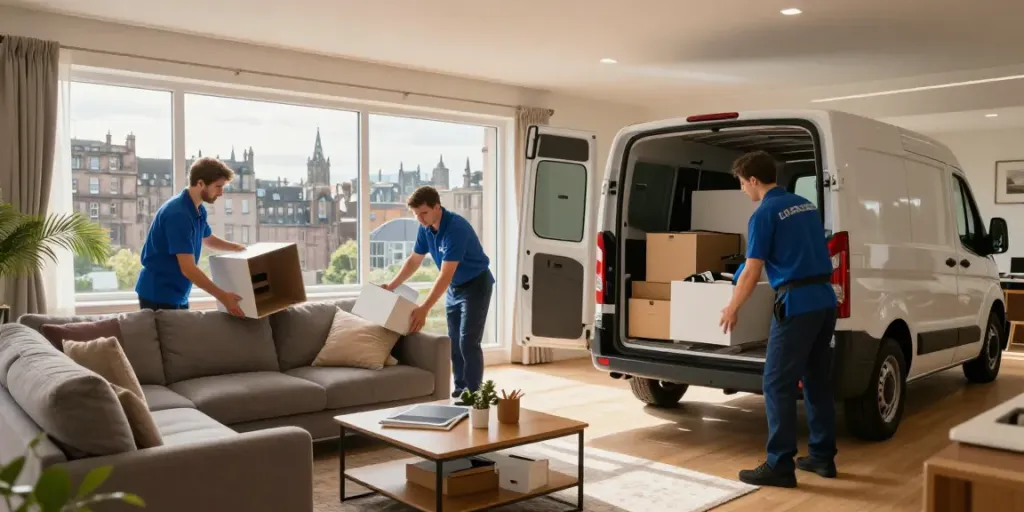 House Clearance Edinburgh team efficiently removing furniture from a bright living room.