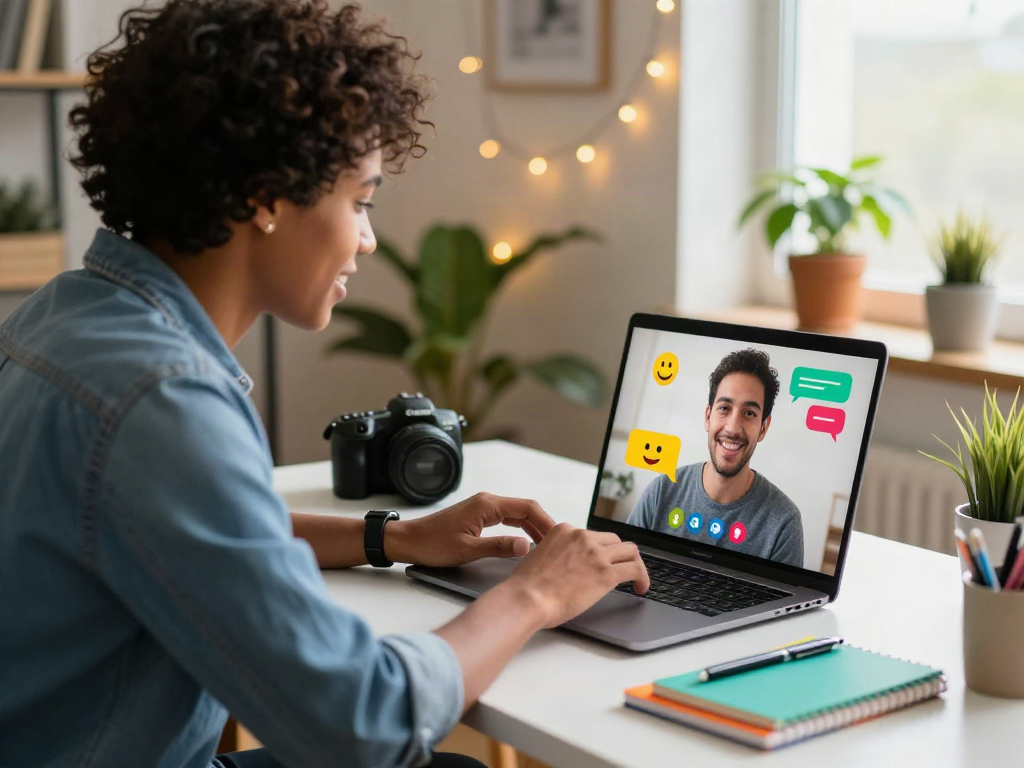 Engaging spicychat session in a cozy home office with vibrant chat bubbles