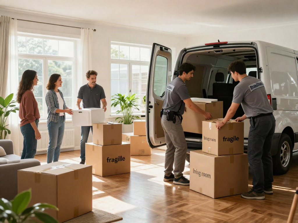 House movers London Furniture removals professionals packing family belongings with care in a bright living room.